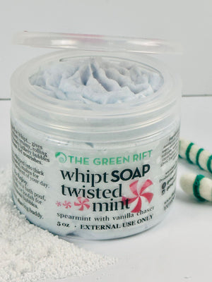 Creamy whipped soap scented in Twisted Mint, soft spearmint with a vanilla chaser. Perfect with a bath pouf in the shower. Try on your legs for a smooth finish.