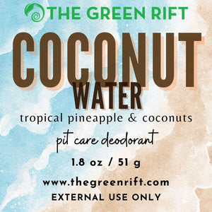 Coconut Water Deodorant stick. Think of tropical coconuts and juicy pineapples. It's a vacation in for your pits.