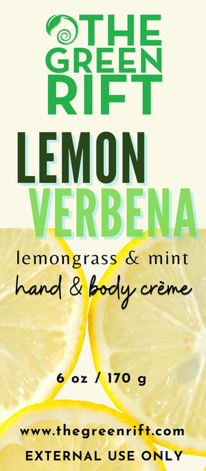 Label Focus for our 6 oz Tottle Hand & Body Creme for Lemon Verbena. Lemon Verbena Hand & Body Crème. Bright citrus, lemony lemongrass and a smidge of minty goodness makes this a favorite signature.