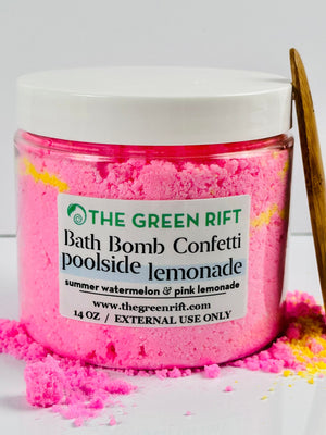 Bath bomb crumbles to shake or scoop into your bath to relax in after a long day. Summer vibes are here to stay with scoops of Poolside Lemonade bath Confetti. Imagine chillaxing near the pool, sipping on a sweet drink of watermelon and tart lemonade.