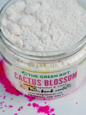 Bath bomb crumbles to shake or scoop into your bath to relax in after a long day. Scented in white magnolias & amber, in the shop known as Cactus Blossom.