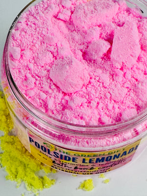 Bath bomb crumbles to shake or scoop into your bath to relax in after a long day. Imagine chillaxing near the pool, sipping on a sweet drink of watermelon and tart lemonade. Top View.