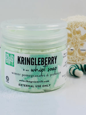 Creamy whipped soap scented in holiday favorite ... Kringleberry. Imagine winter pomegranates blended with bubbly champagne. Perfect with a bath pouf in the shower.