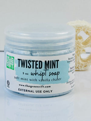 Creamy whipped soap scented in Twisted Mint, soft spearmint with a vanilla chaser. Perfect with a bath pouf in the shower. Try on your legs for a smooth finish.