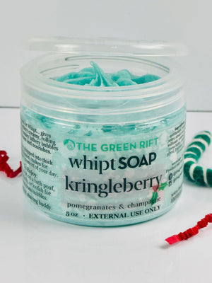 Creamy whipped soap scented in holiday favorite ... Kringleberry. Imagine winter pomegranates blended with bubbly champagne. Perfect with a bath pouf in the shower.