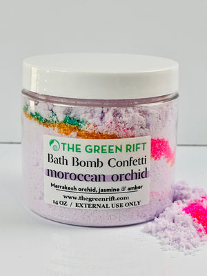 Bath bomb crumbles to shake or scoop into your bath to relax in after a long day. Imagine soft Marrakesh orchids, soft jasmine and amber paired with fun colors found at a Moroccan bazaar ... exclusive to our confetti line Moroccan Orchid..