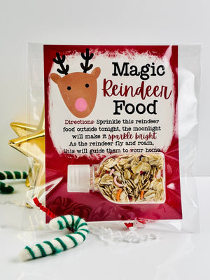Reindeer Food card with mini bottle of oats and candy sprinkles