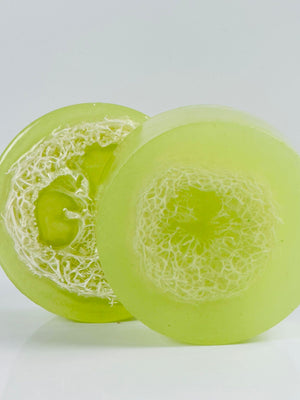 Exfoliating loofa enrobed in moisturizing glycerin soap enriched with argan oil and shea butter. Green Clover is fresh, green reminding us of wild summer herbs growing in a field with a hint of cooling aloe.