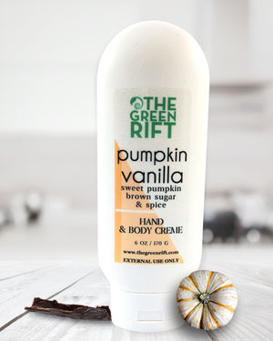 Large 6oz tottle of our lush Hand Body Crème Pumpkin Vanilla; sweet pumpkin blended with brown sugar and fall spices.
