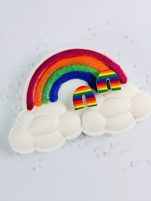 Rainbow bath bomb with rainbow acrylic earrings