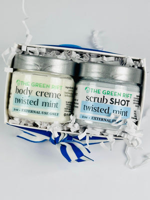 Mini Spa gift set with body creme and sugar scrub scented in soft spearmint and vanilla..